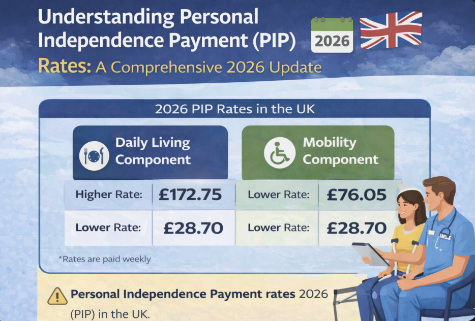 Personal Independence Payment (PIP) rates in 2026 showing daily living and mobility components in the UK